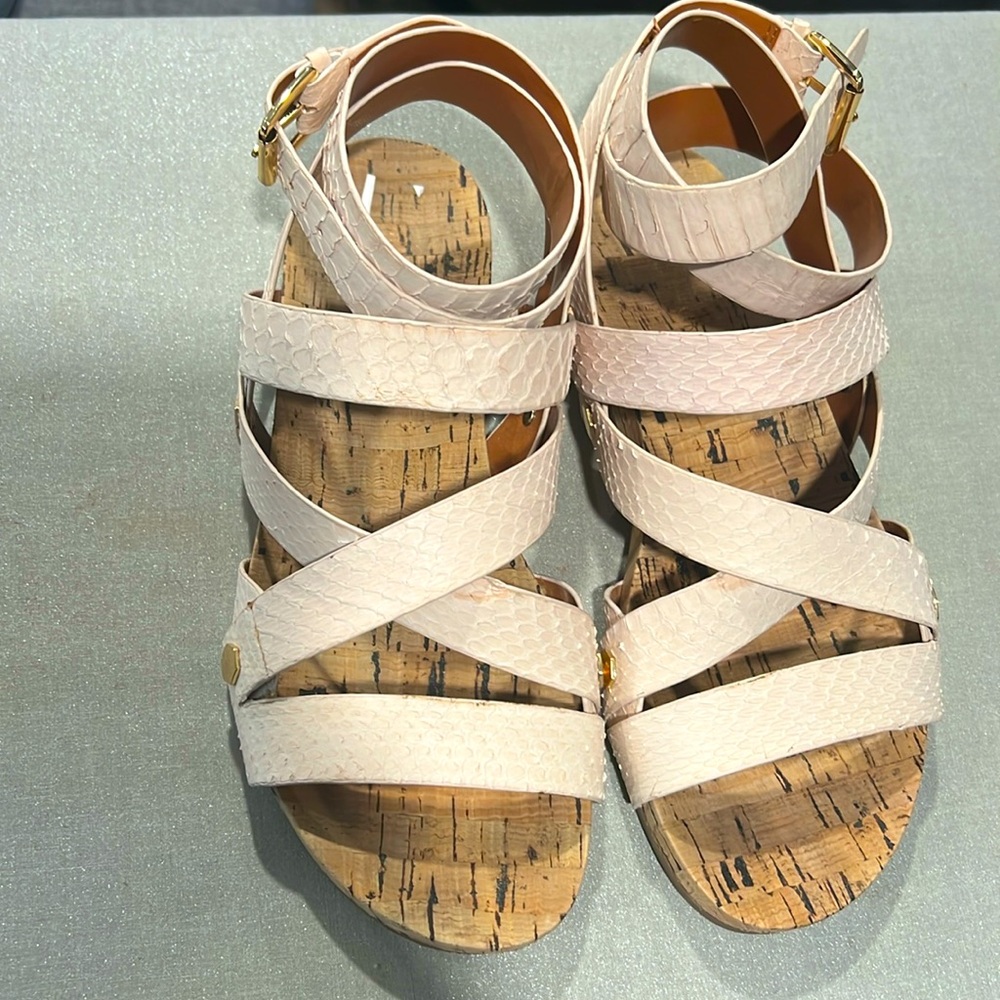 Rebecca Minkoff snake embossed wrap sandal size 8 cork footbed pink